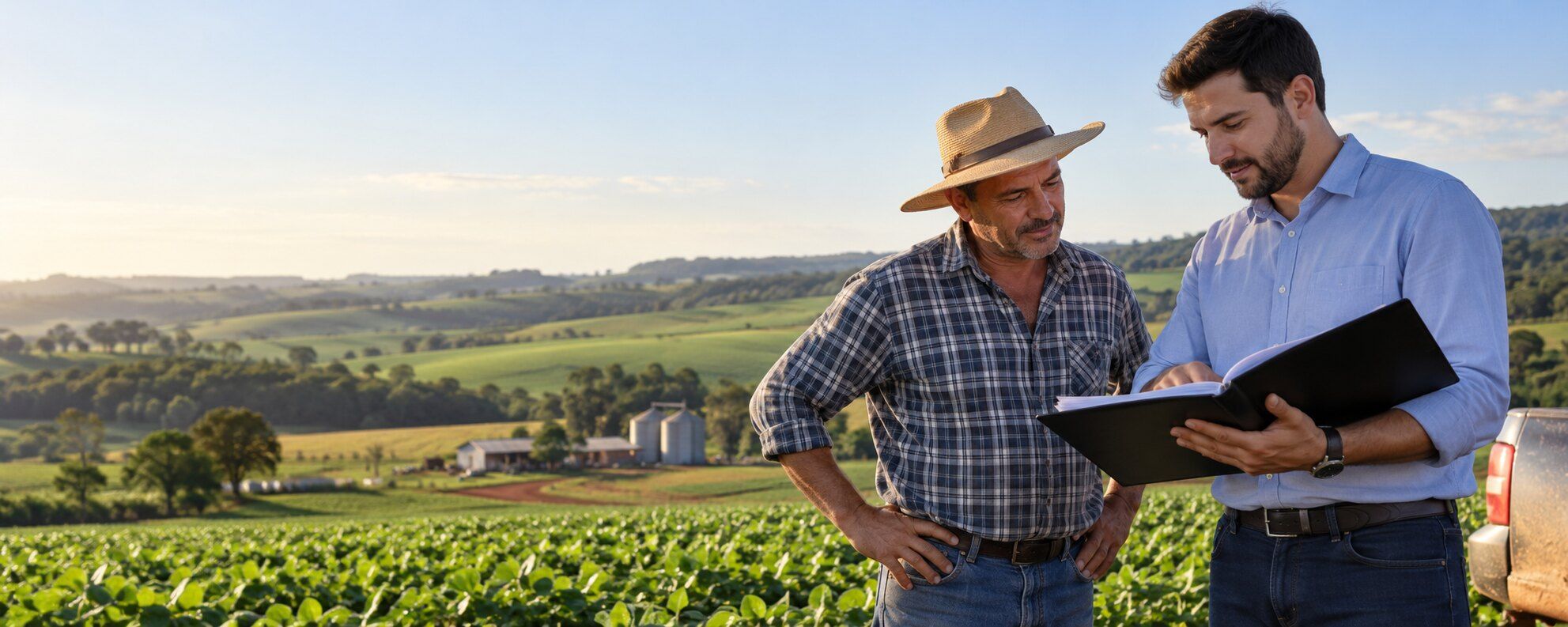 Produtor rural e contador conversam na propriedade rural